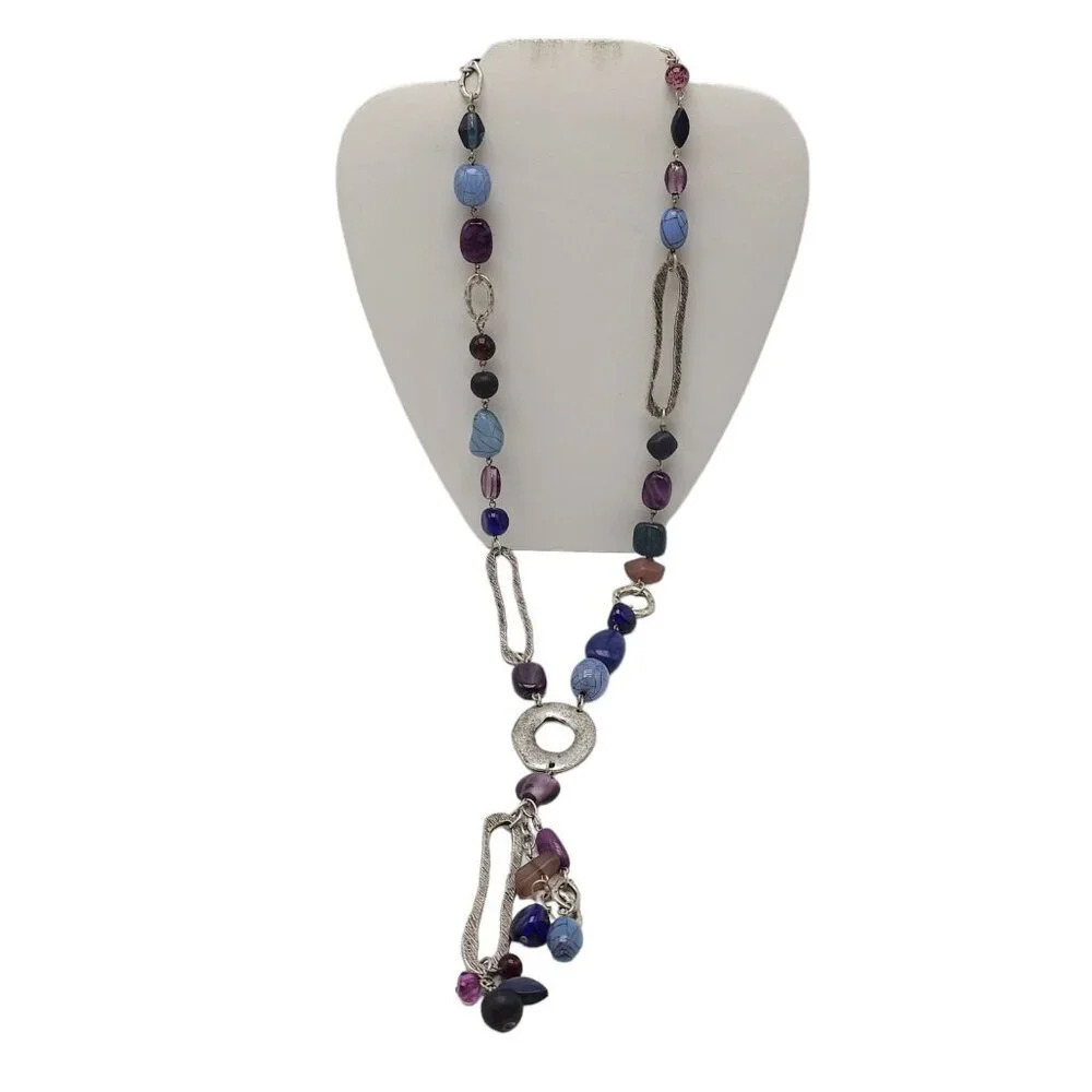 Coldwater Creek Hammered Multicolor Stones Y Drop Necklace Silver Tone Vintage